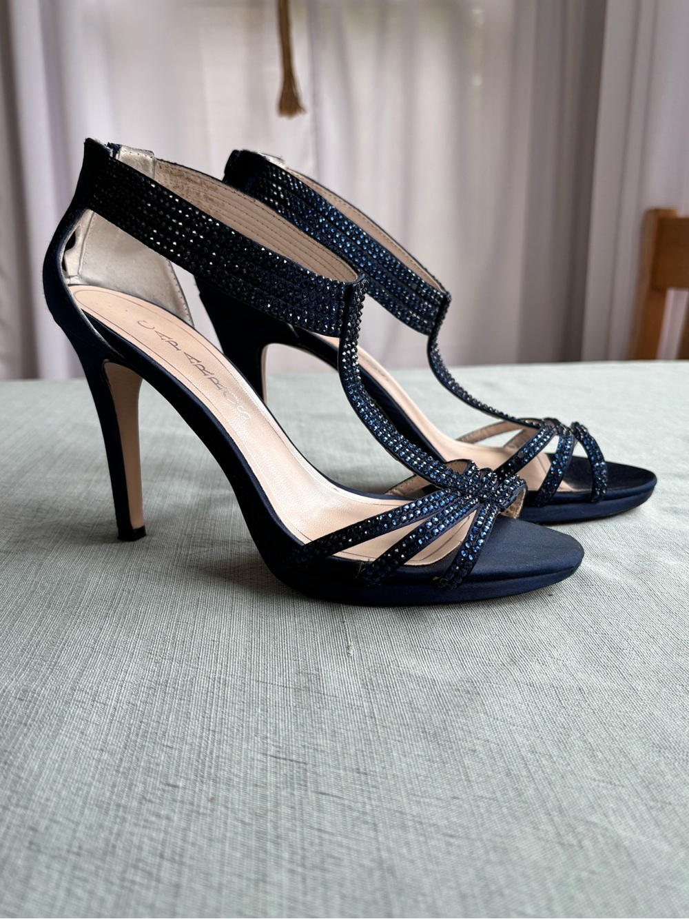 Caparros Navy Crystal T-Strap Evening Heels 8 Prom Wedding Guest